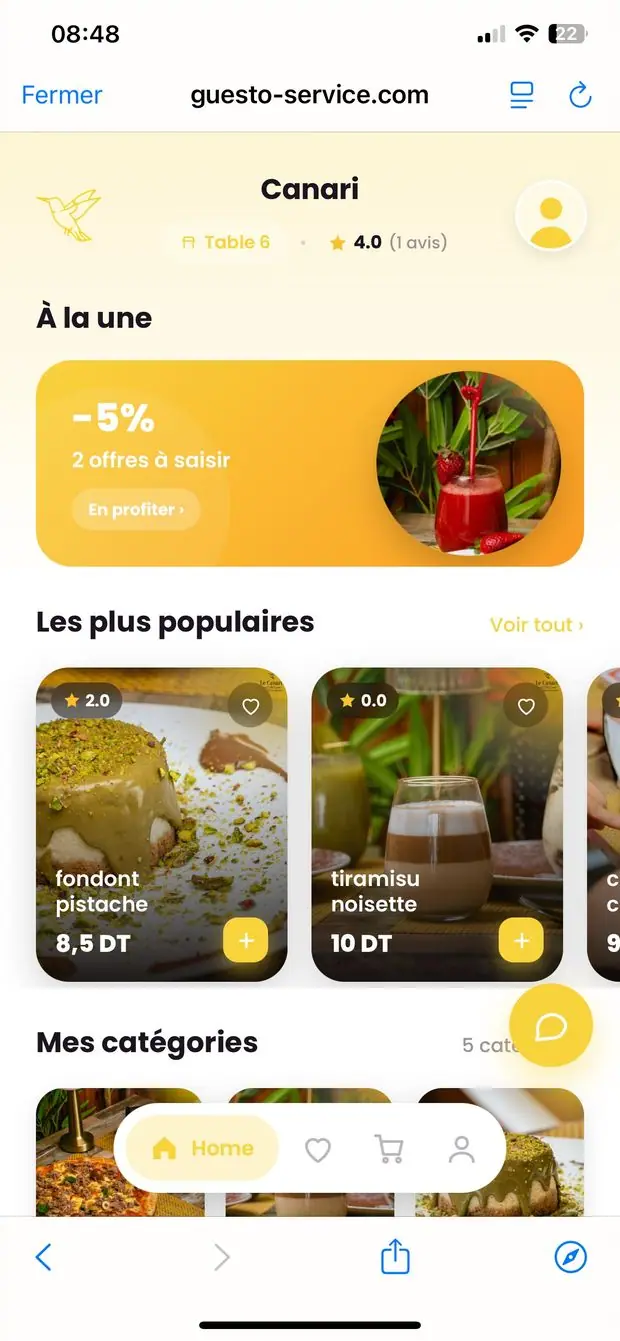 Application client Guesto — Le menu du restaurant