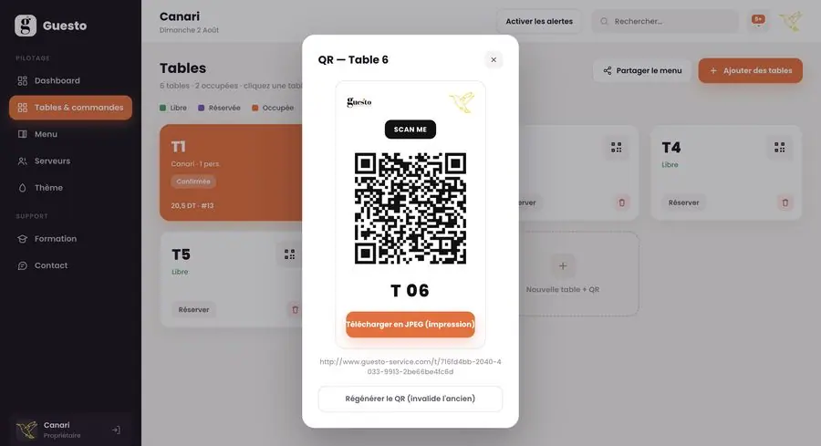 Caisse Guesto — tables et QR codes