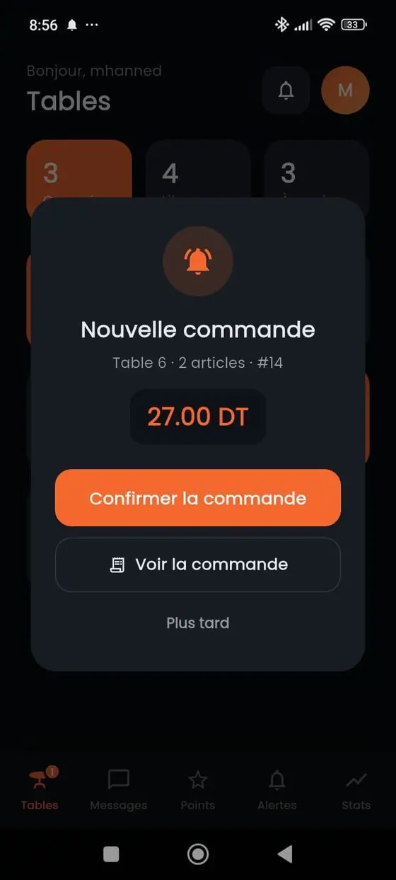 Application serveur — nouvelle commande à confirmer